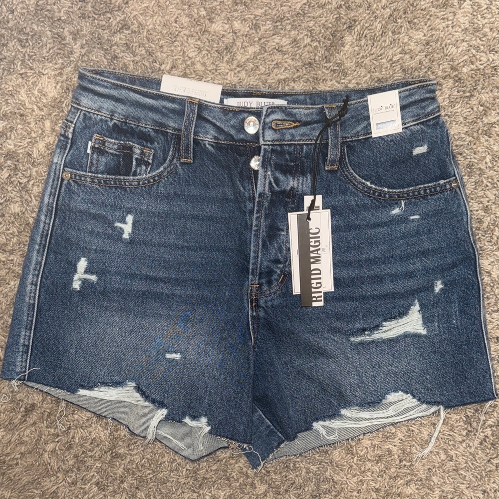 Judy Blue Dark Blue Distressed High-Rise Denim Shorts